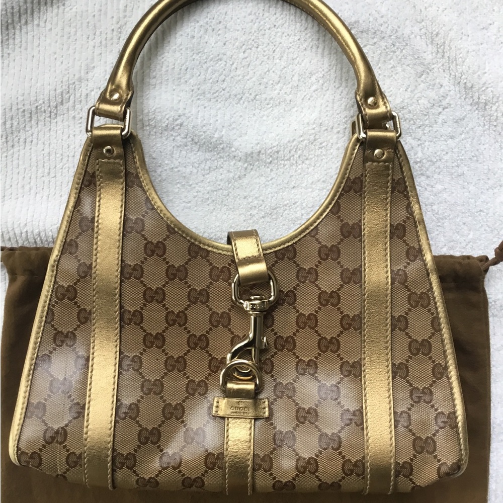 Gucci Brown GG Canvas Shoulder Bag with Gold Trim